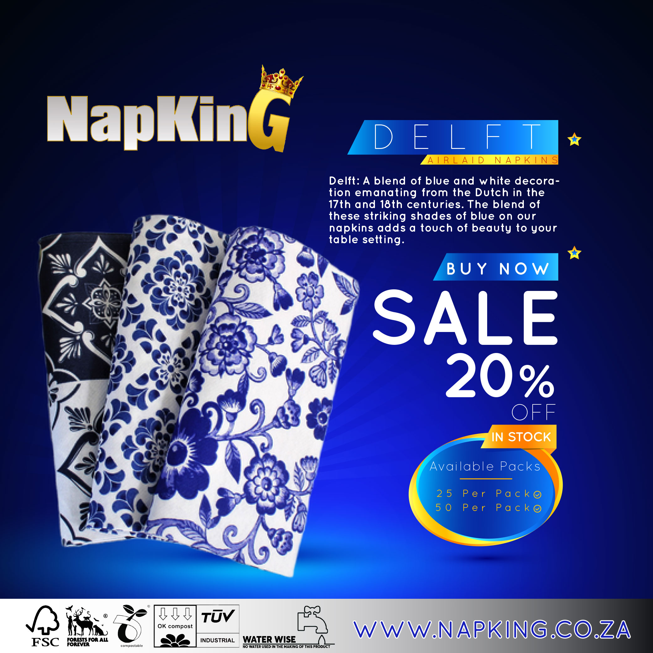 Serviettes 4 Delft Airlaid Napkins